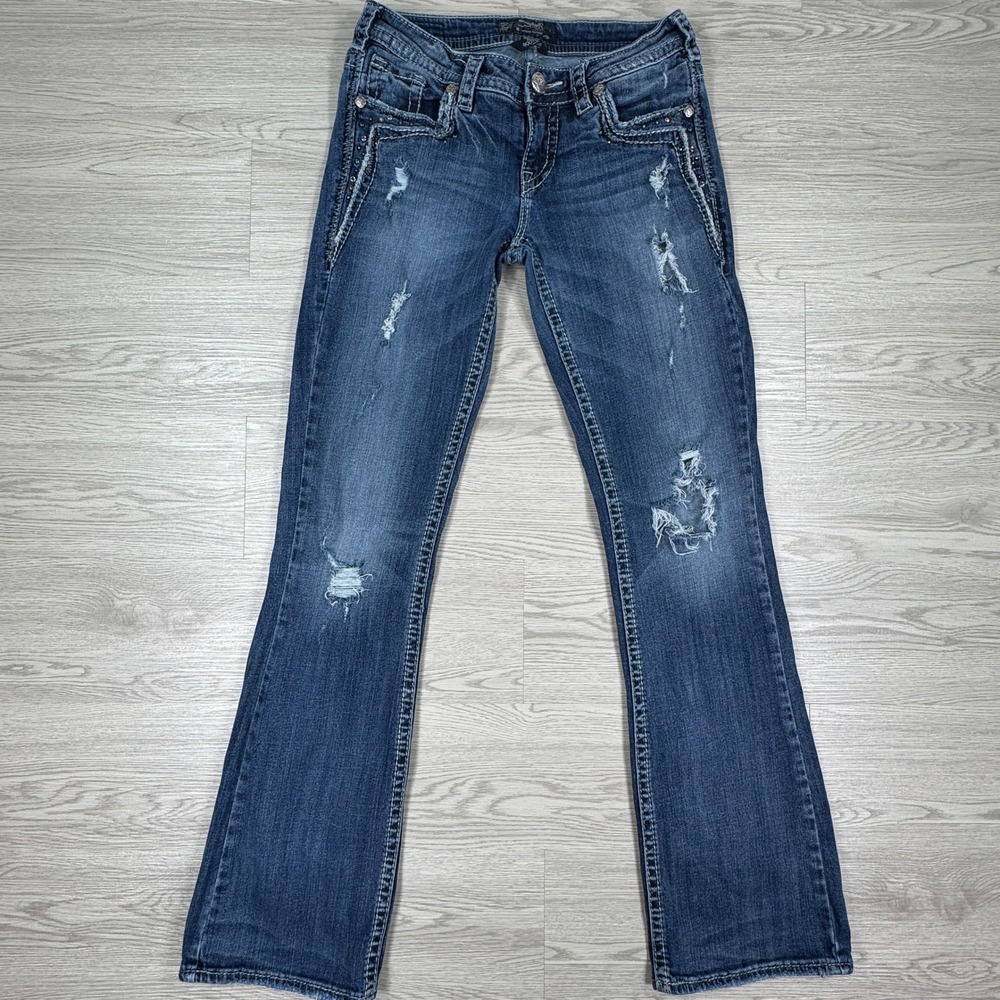 Silver Jeans Co Women's Aiko Bootcut Jeans‎ Dark Wash 27 Distressed Embellished